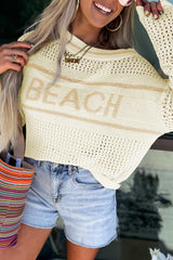 White BEACH Hollow Out Knitted Lightweight Dolman Sweater