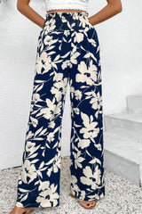 Blue Floral Smocked Frill Waist Wide Leg Pants