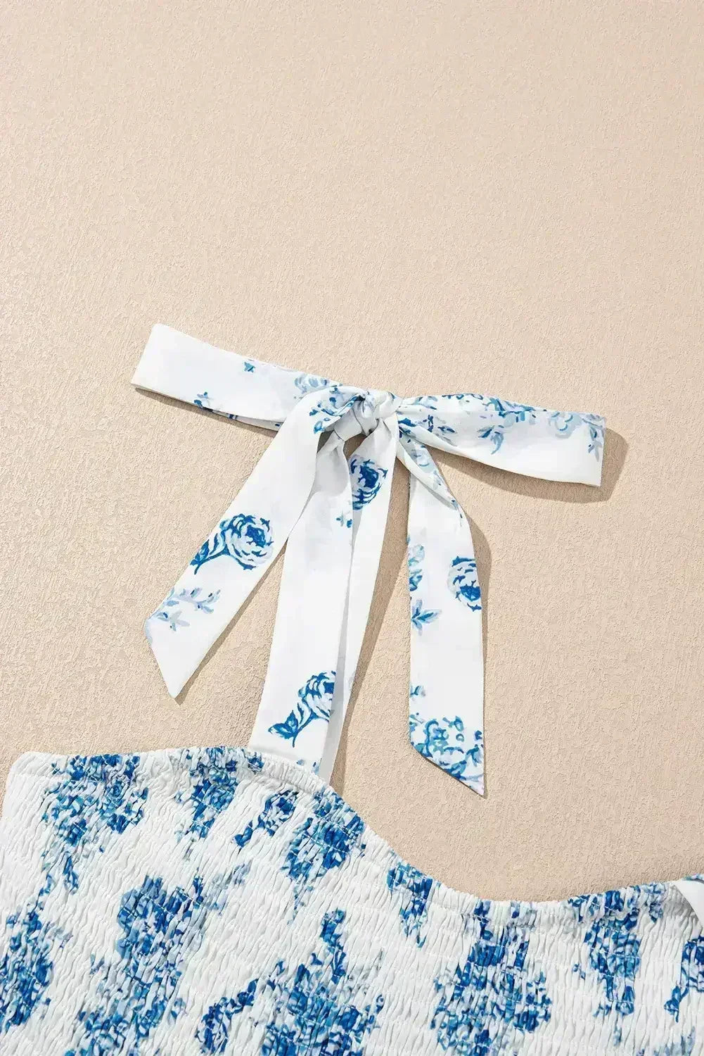 Sky Blue Floral Print Smocked Knot Shoulder Sleeveless Midi Dress - Femstylo