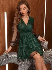 Glitter Surplice Long Sleeve Mini Dress - Femstylo