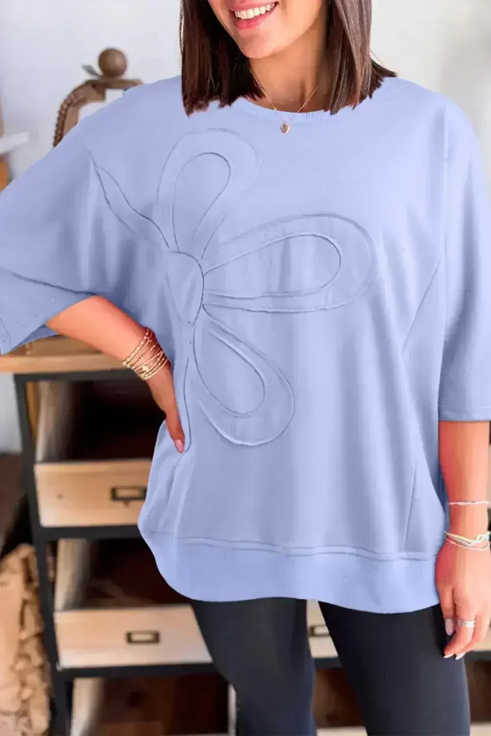 Clearly Aqua Solid Color Floral Patched Half Sleeve Tunic Top - Femstylo