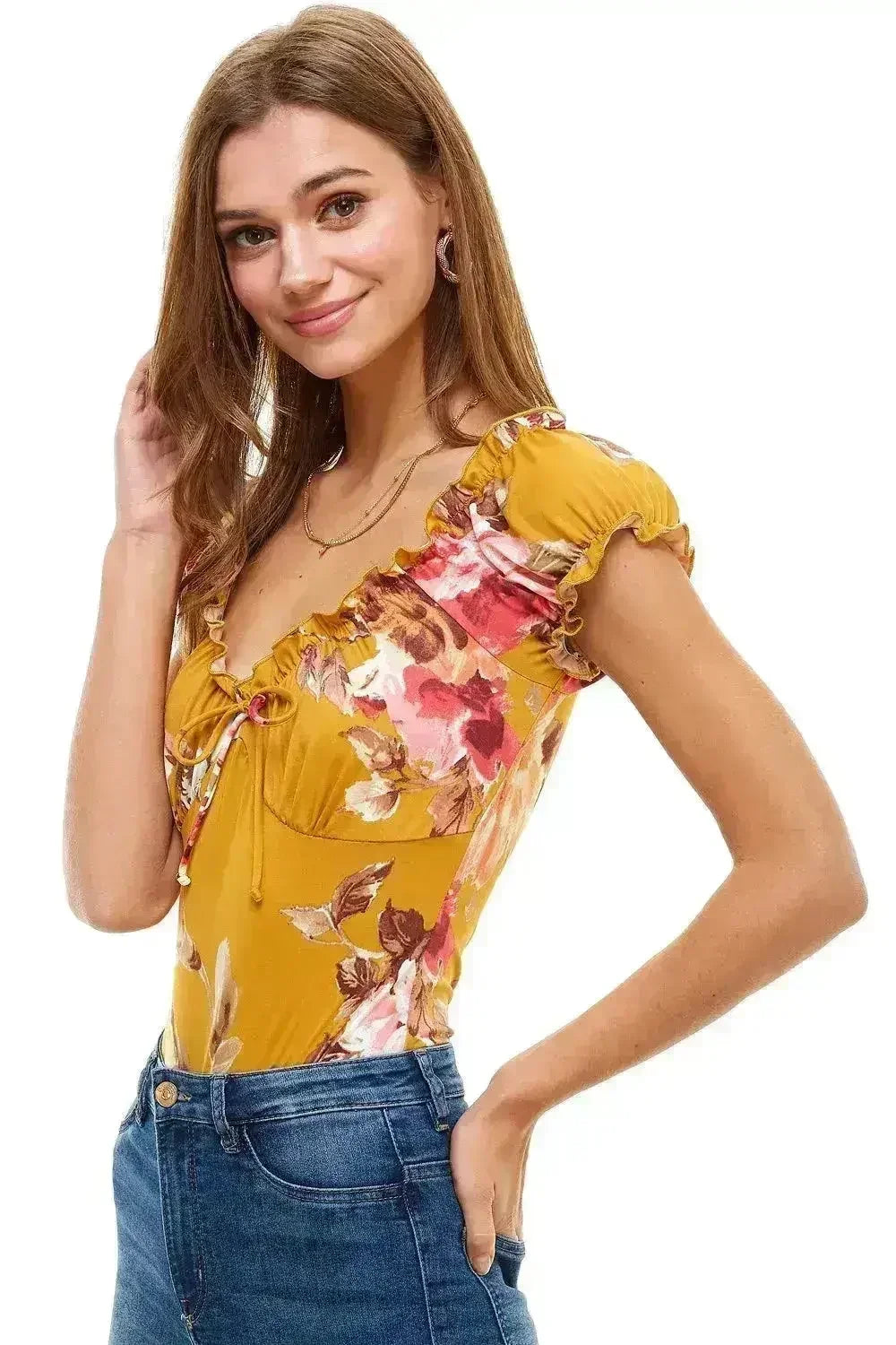 Floral Printed Peasant Style Bodysuit - Femstylo