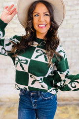 Blackish Green Bow Print Checkered Knit Sweater