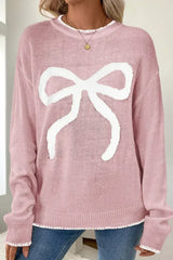 Pink Sweet Bow Drop Sleeve Round Neck Sweater - Femstylo