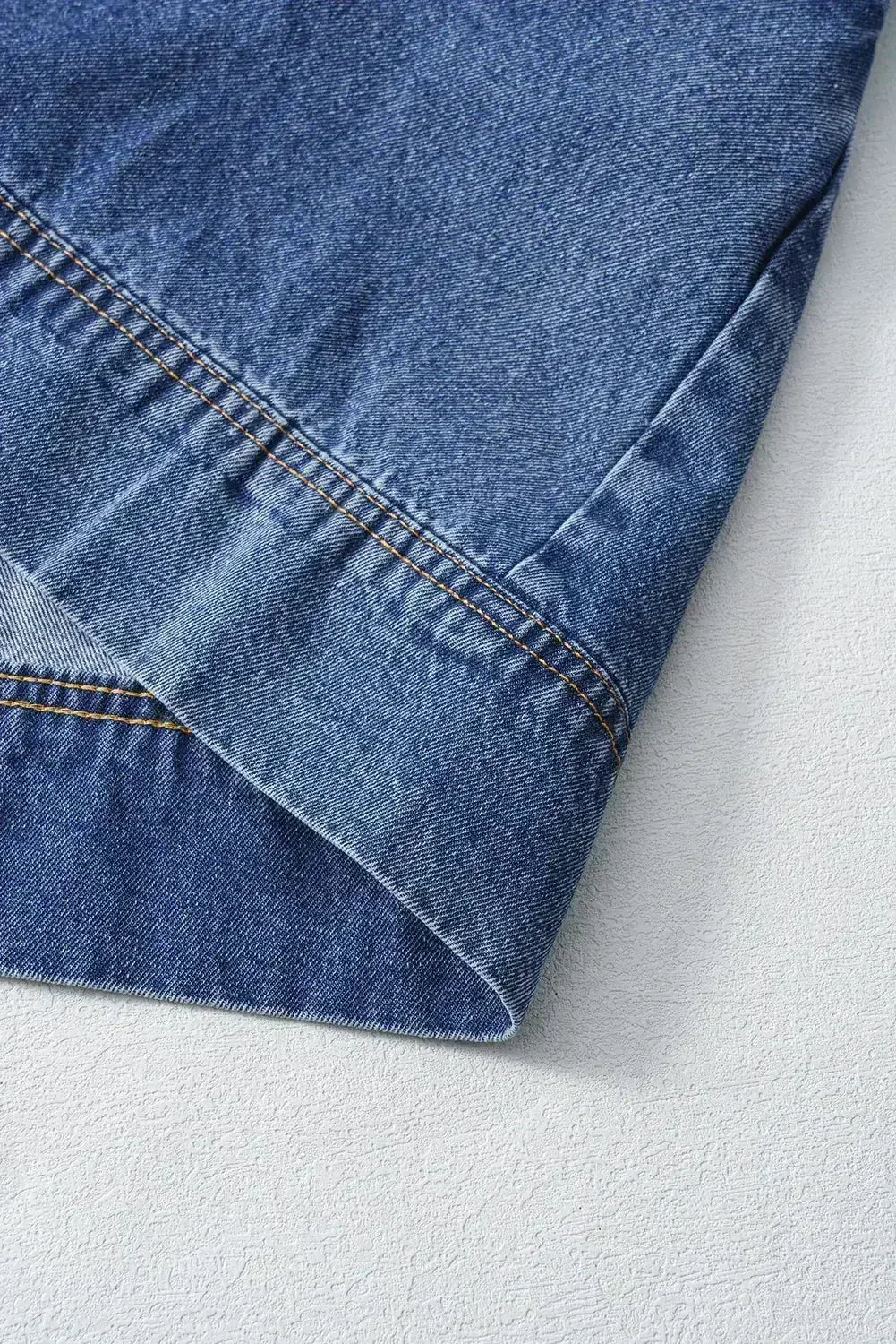 Beau Blue Short Sleeve Collared Chest Pocket Denim Mini Dress - Femstylo