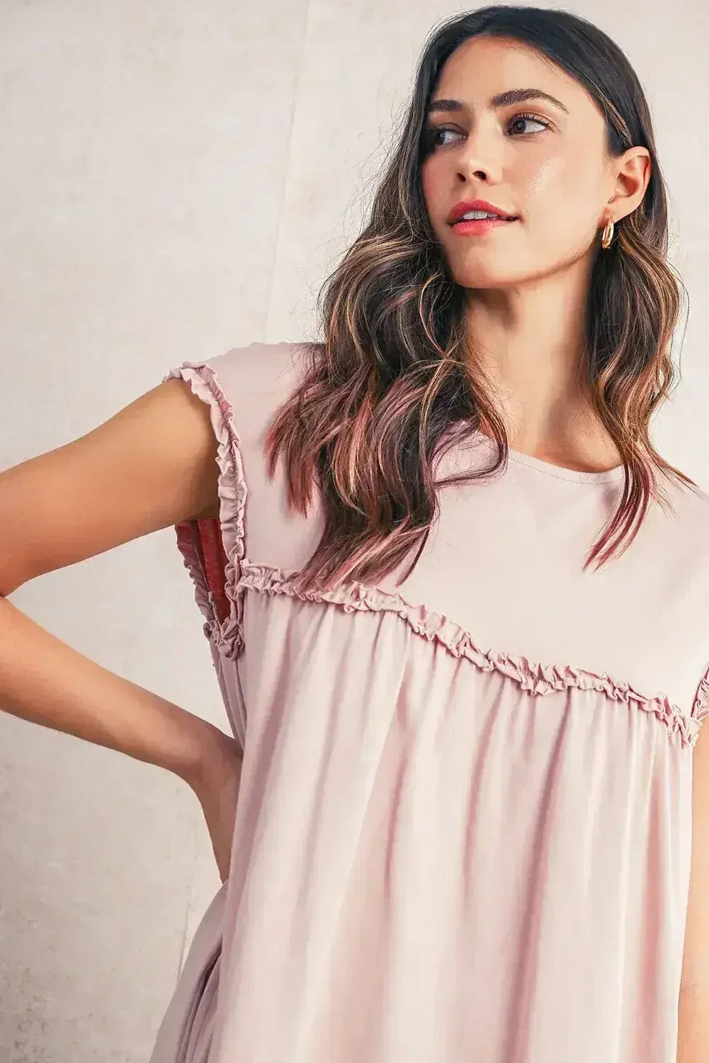 Oatmeal Frilled Trim Crewneck Loose Fit Mini Dress - Femstylo