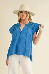 Aemi + Co Embroidered Trim Side Slit Notched Short Sleeve Blouse - Femstylo