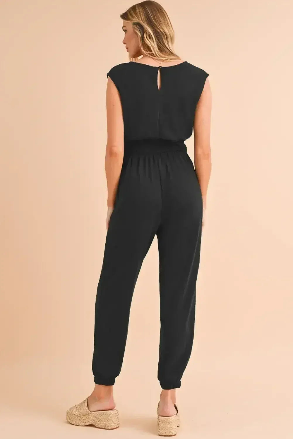 Black Shirred High Waist V Neck Sleeveless Jumpsuit - Femstylo