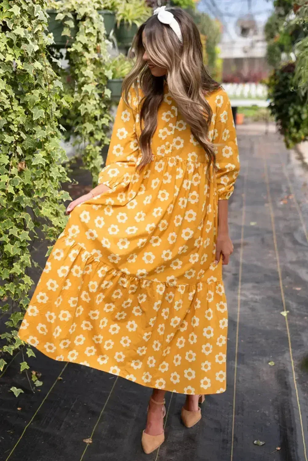 Yellow Flower Print Bracelet Sleeve Buttons Collared Maxi Dress - Femstylo