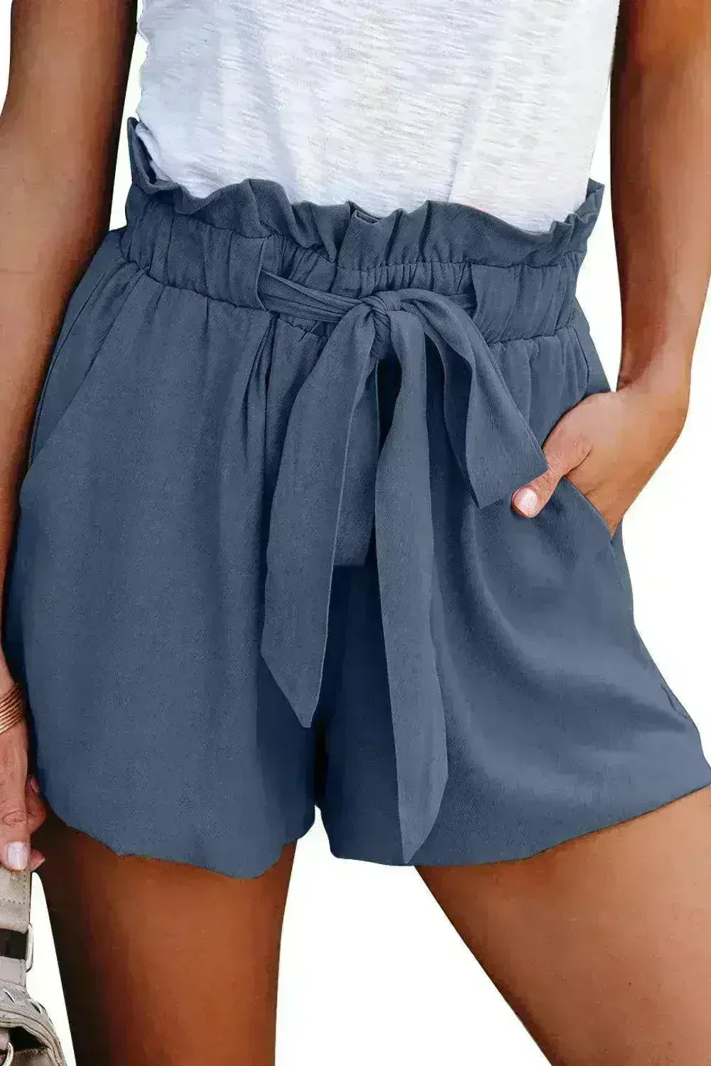 Ruffled Tied Waist Solid Shorts - Femstylo