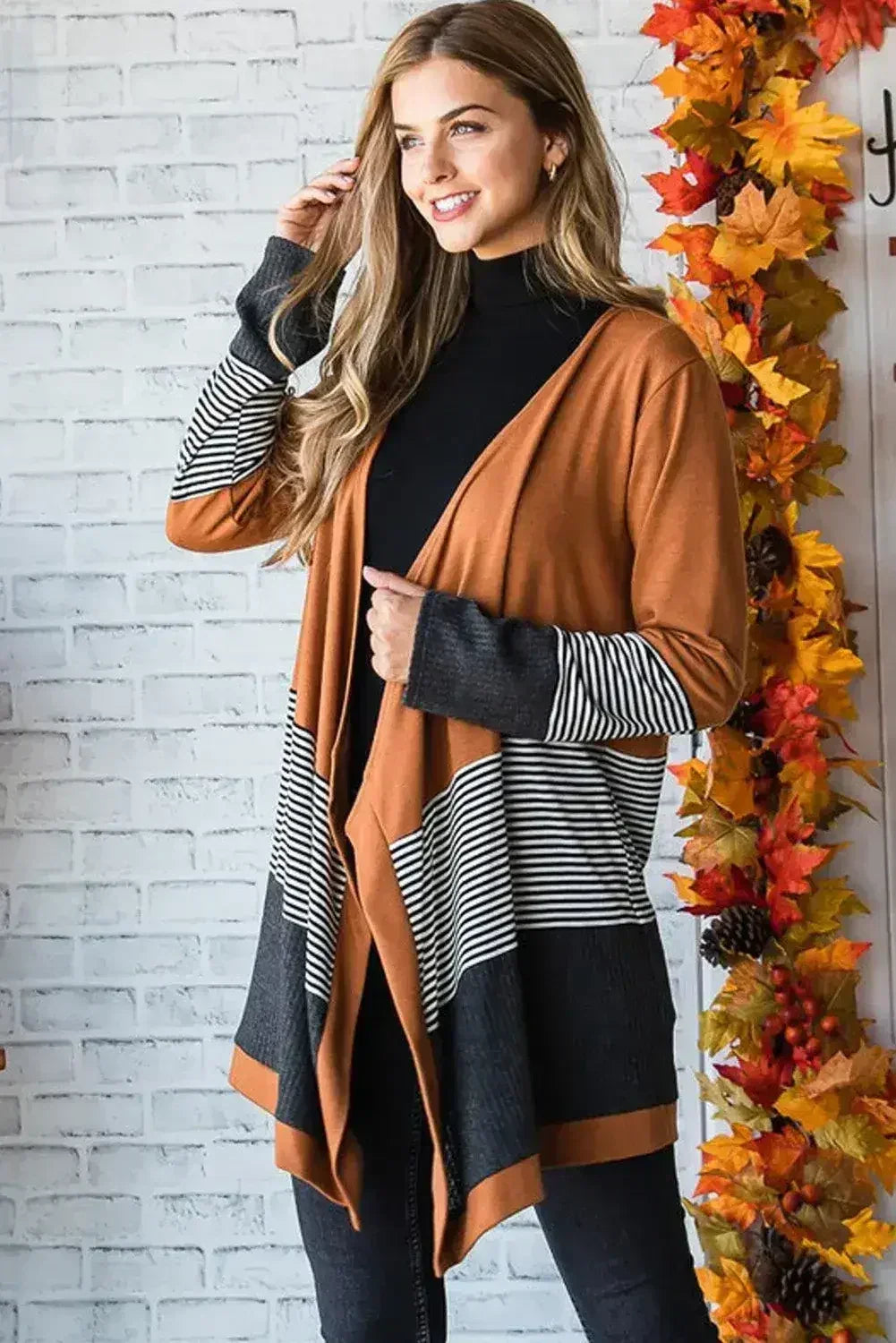 Orange Colorblock Striped Patchwork Open Cardigan - Femstylo