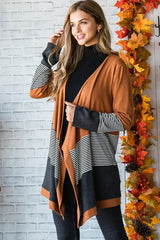 Orange Colorblock Striped Patchwork Open Cardigan - Femstylo