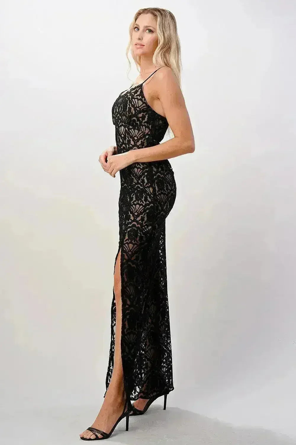 Elegant Black Lace Maxi Dress with Side Slit - Femstylo