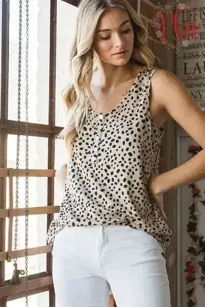 Heimish Full Size Front Button Animal Print Sleeveless Top Plus Size - Femstylo