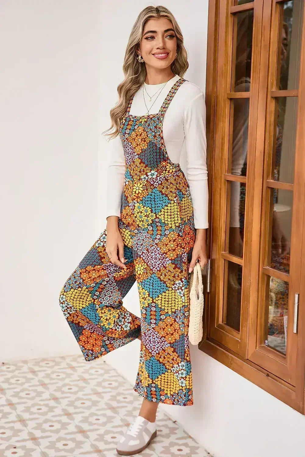 Multicolour Boho Floral Print Cropped Wide Leg Overalls - Femstylo