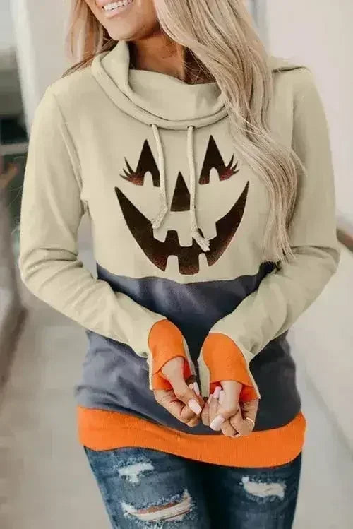 Gray Cowl Neck Pumpkin Print Color Block Halloween Sweatshirt - Femstylo