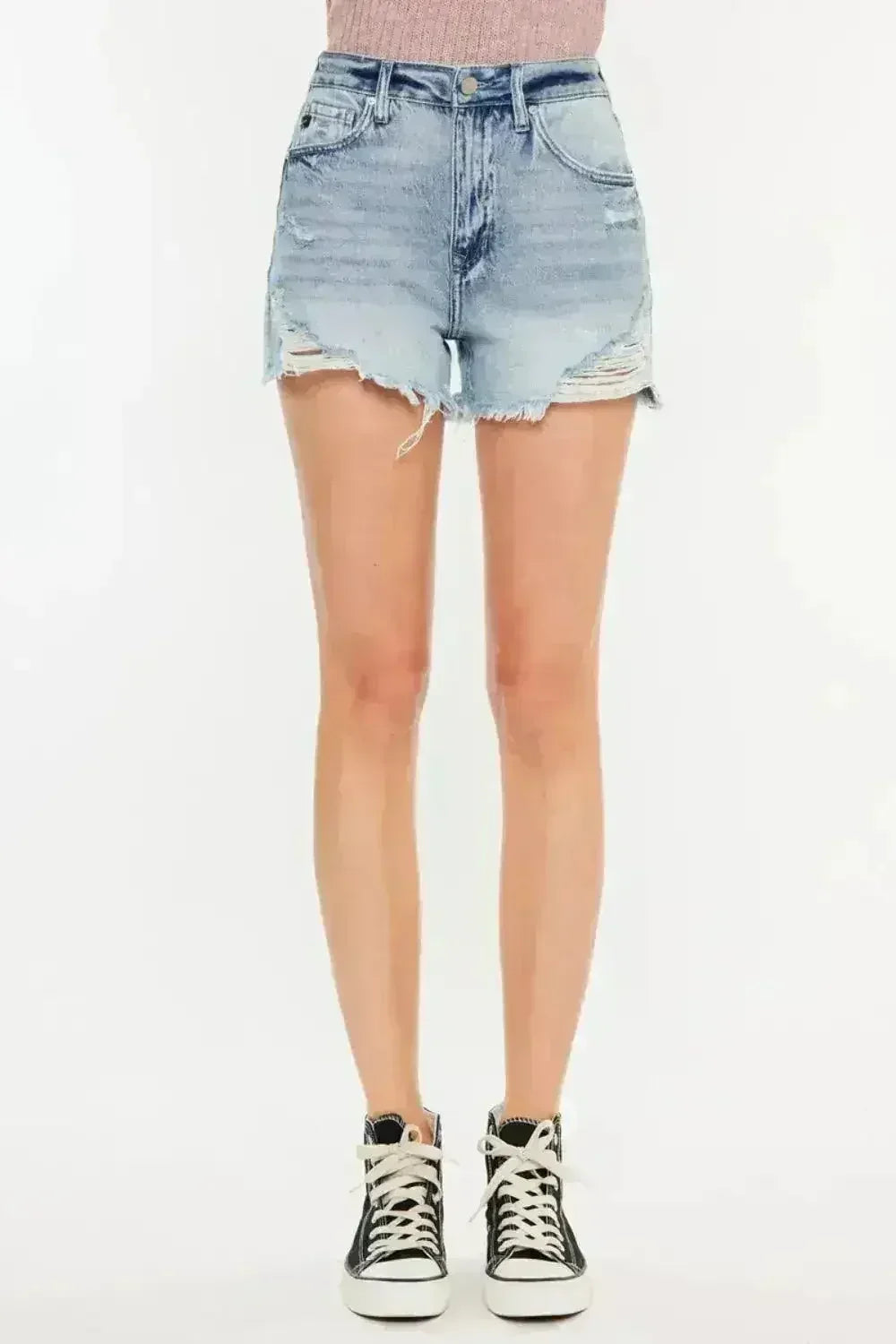 Kancan Distressed High Waist Denim Shorts with Pockets - Femstylo