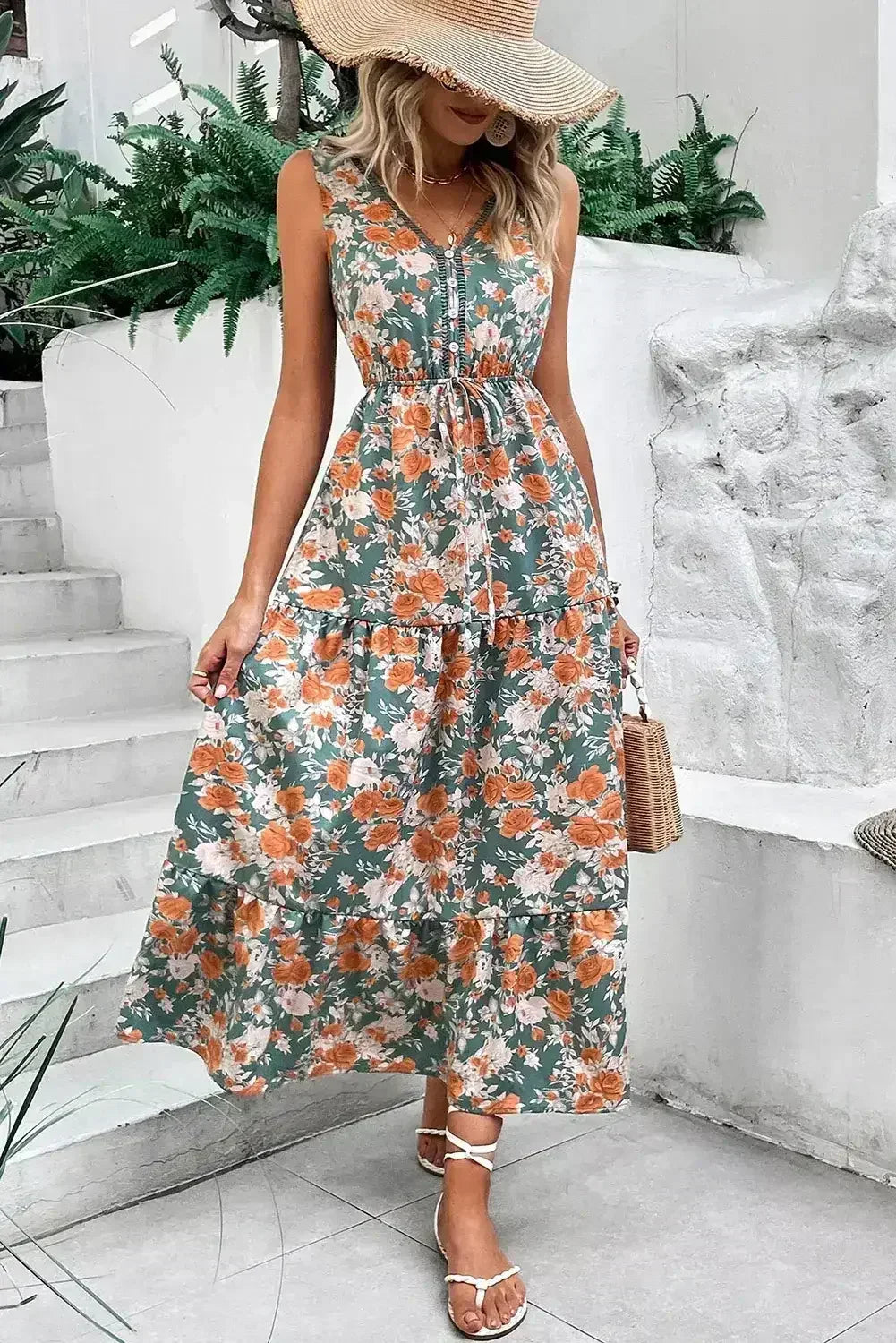 Green Floral Print Trimmed V Neck Sleeveless Vacation Dress - Femstylo