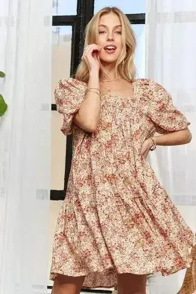 ADORA Floral Square Neck Puff Sleeve Dress - Femstylo