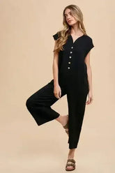 Annie Wear Button Detail Wide Leg Jumpsuit with Pockets - Femstylo