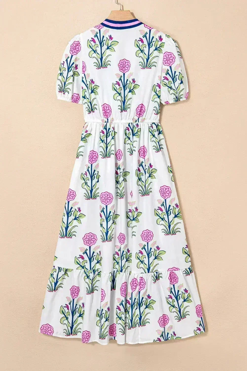 Blue Floral Ruffle Hem Pop of Color Neckline Dress - Femstylo