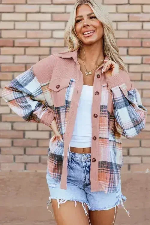 Cinnamon Plaid Corduroy Patchwork Chest Pocket Shacket - Femstylo