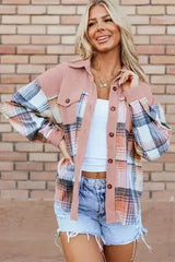 Cinnamon Plaid Corduroy Patchwork Chest Pocket Shacket - Femstylo