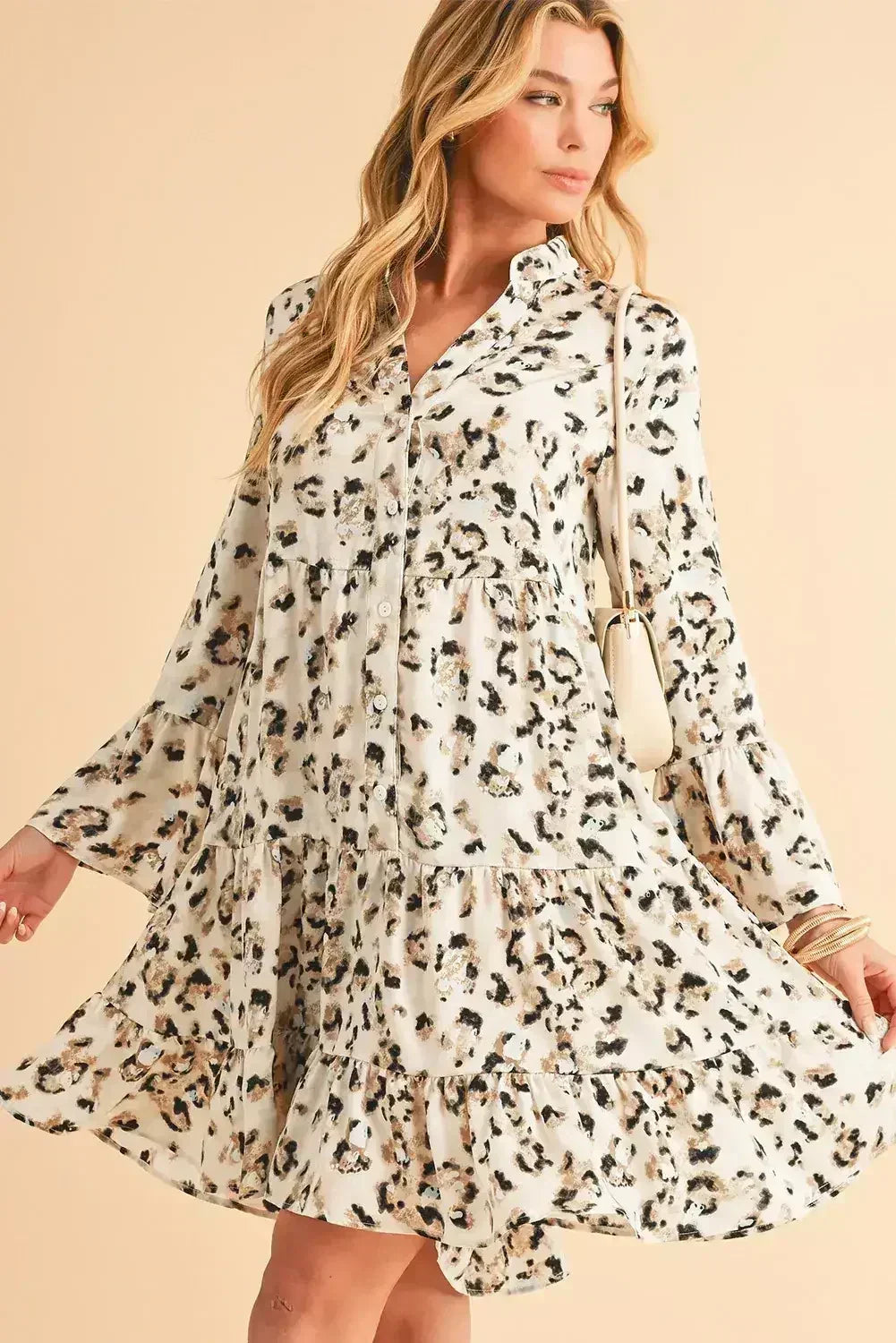 Black Leopard Button V Neck Flowy Mini Dress - Femstylo