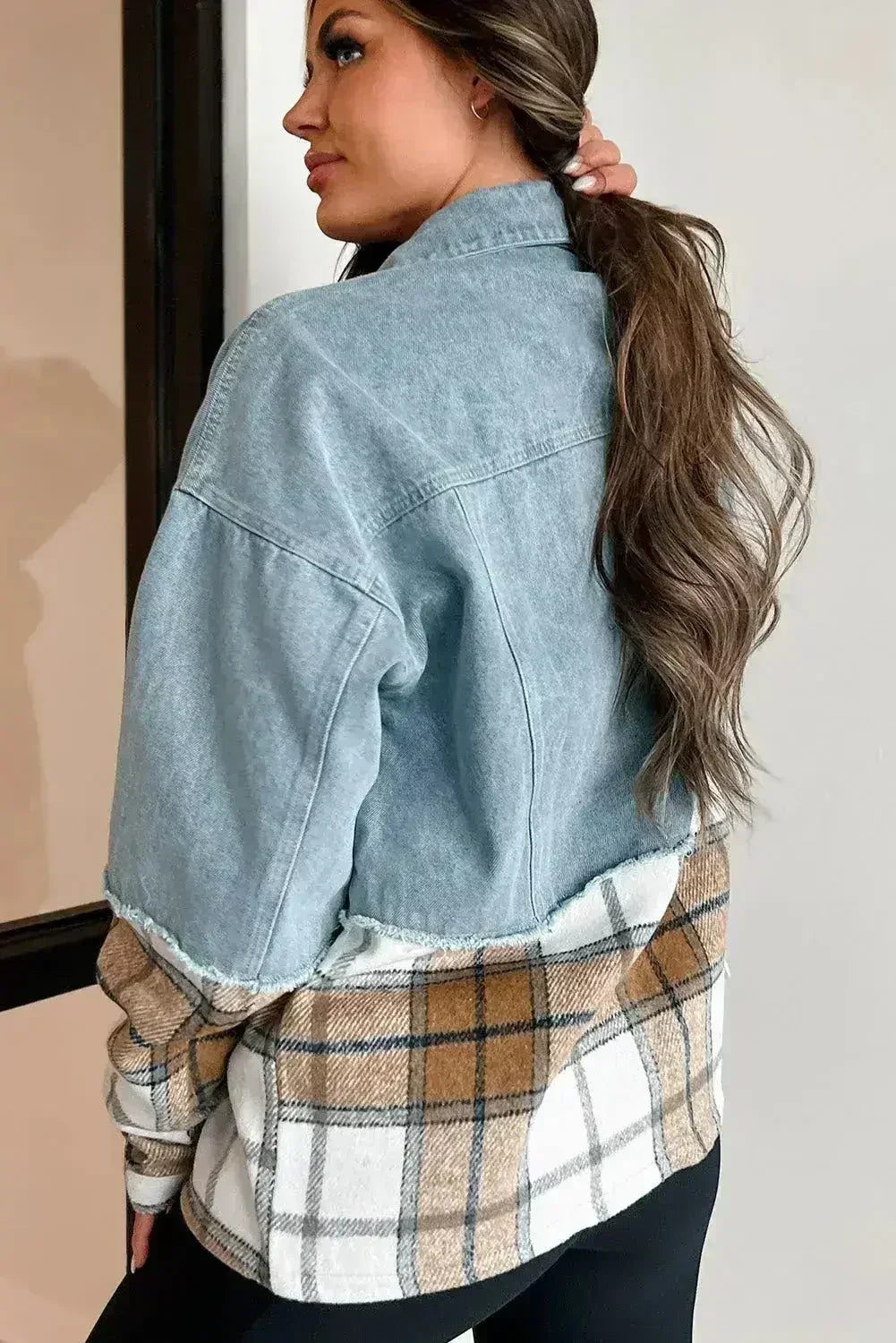 Khaki Plaid Patchwork Buttoned Oversized Denim Jacket - Femstylo