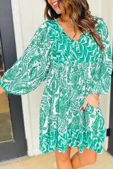 Green Bohemian Print Puff Sleeve Tied V Neck Flared Mini Dress - Femstylo