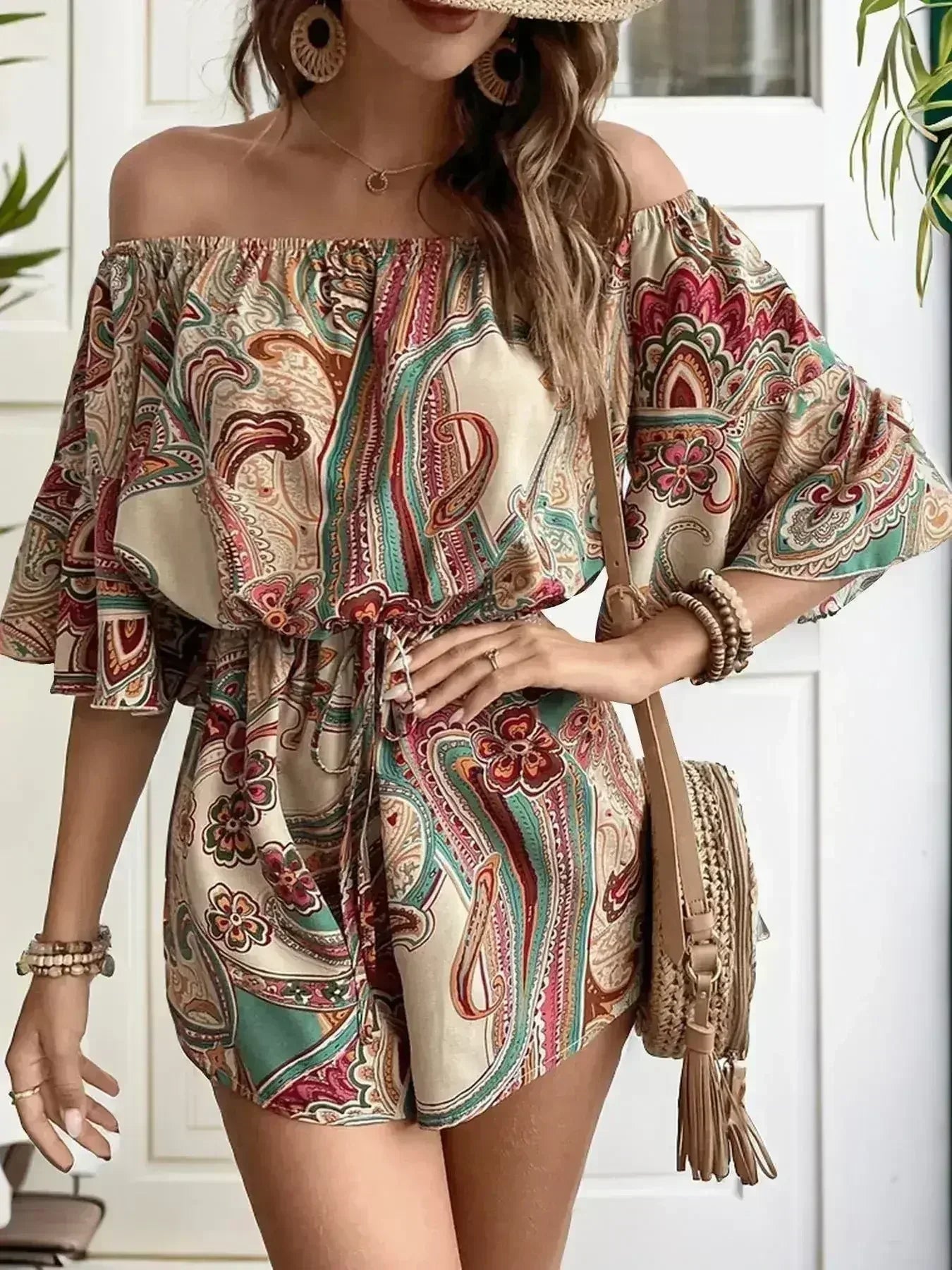 Printed Off Shoulder Half Sleeve Romper - Femstylo