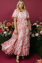 Pink Plus Size Floral Square Neck Puff Sleeve Ruffle Maxi Dress - Femstylo