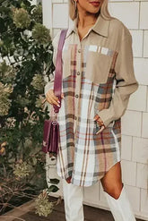 Khaki Plaid Patchwork Long Sleeve Mini Dress with Pockets - Femstylo