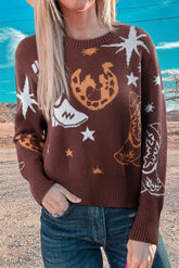 Brown Star Boots Print Cropped Knit Sweater
