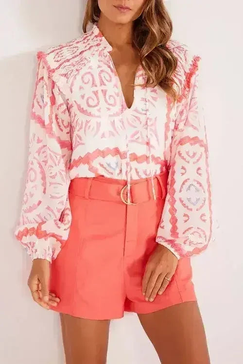 Desert Flower Vintage Print Smocked Poet Collar Blouse | Femstylo - Femstylo