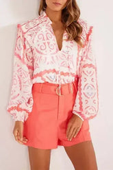 Desert Flower Vintage Print Smocked Poet Collar Blouse | Femstylo - Femstylo