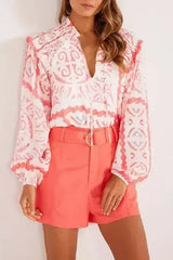 Desert Flower Vintage Print Smocked Poet Collar Blouse | Femstylo - Femstylo