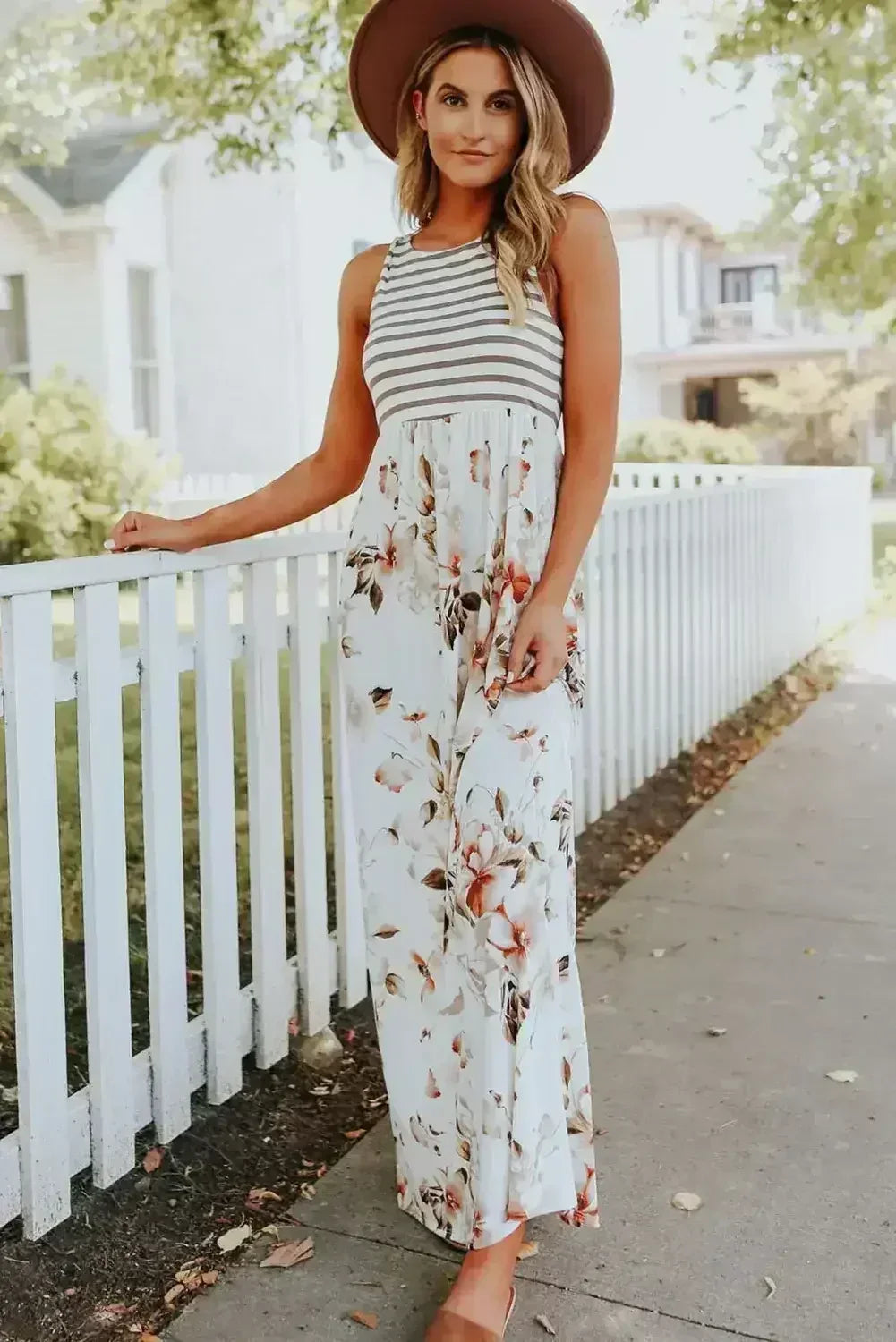 White Boho Stripes & Floral Print Floor Length Tank Dress - Femstylo