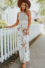 White Boho Stripes & Floral Print Floor Length Tank Dress - Femstylo