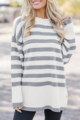 Gray Stripe Ribbed Buttoned Detail Drop Shoulder Tunic Sweater