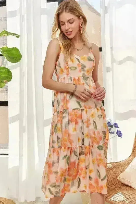 ADORA Floral Smocked Back Dress – Adjustable Strap Midi - Femstylo