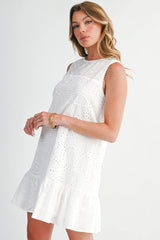 White Floral Eyelet Embroidered Sleeveless Shift Dress