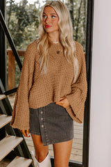 Camel Hollowed Detail Wide Sleeve Loose Pullover Sweater
