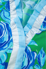 Bright Green Floral Print Ruffle Puff Sleeve Pop of Color Neckline Blouse