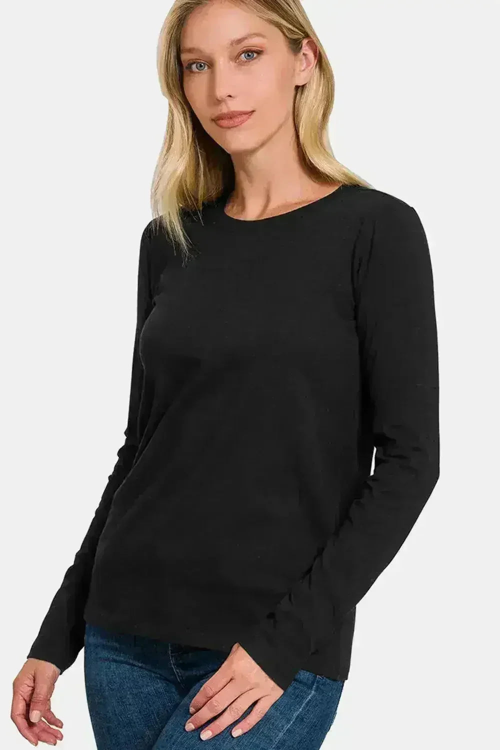 Zenana Full Size Solid Color Round Neck Long Sleeve T-Shirt - Femstylo