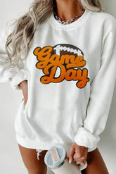 White Chenille Game Day Rugby Football Pattern Pullover Sweatshirt - Femstylo