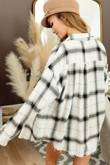 White Plaid Raw Hem Button up Jacket with Pocket - Femstylo
