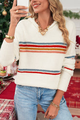 White Casual Striped Drop Sleeve Hooded Sweater