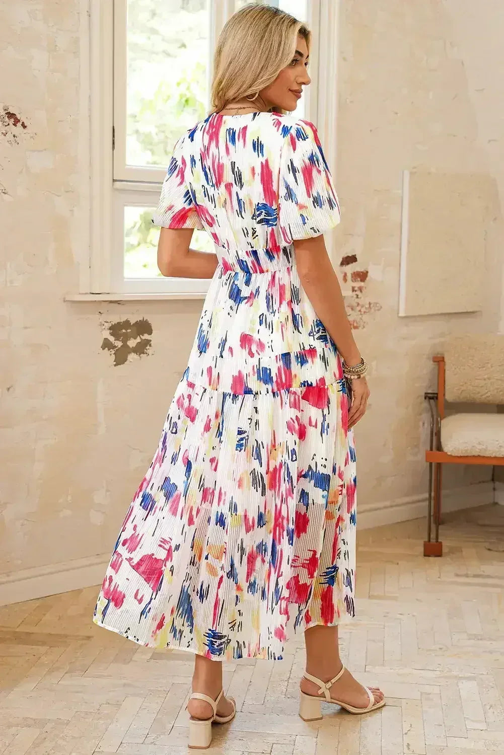 Sky Blue Abstract Print Short Puff Sleeve Tiered Maxi Dress - Femstylo