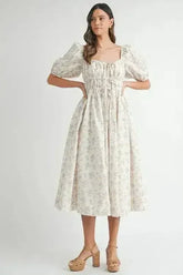 MABLE Floral Drawstring Detail Puff Sleeve Midi Dress - Femstylo